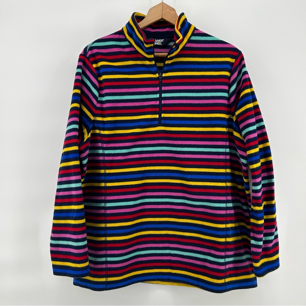 Lands End Fleece Pullover Womens 1X Rainbow Stripe 1/4 Zip Colorful Retro Cozy